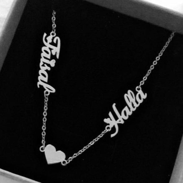 .925 Sterling Silver 2 Names Necklace with a heart in the middle and a choice of 14K plating
