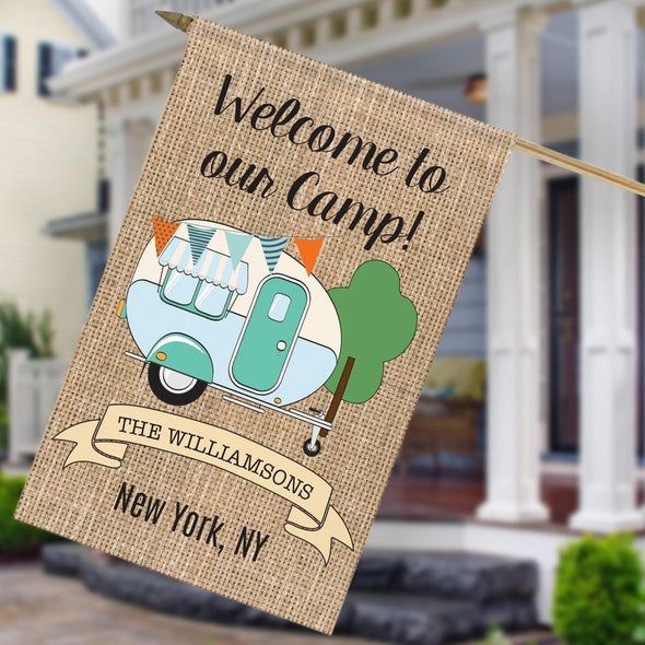 Welcome To Our Camp Personalized House Flag.