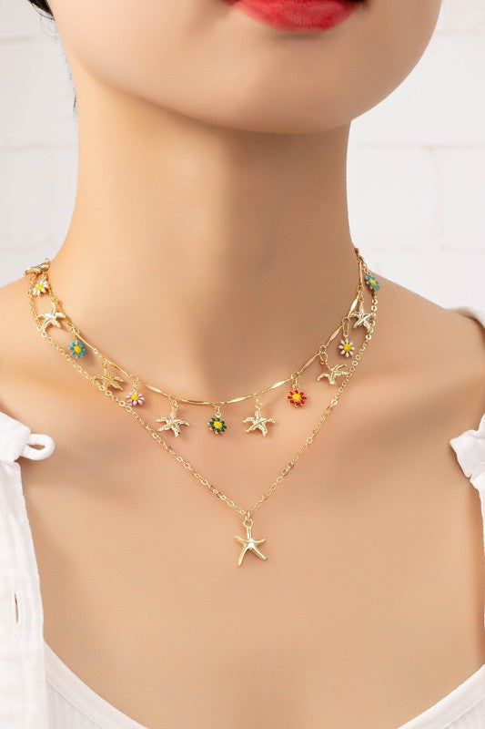 Two row star and flower charm drop necklace