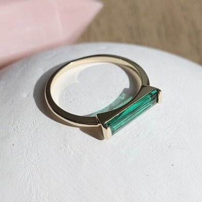 Green Long Crystal Baguette Ring