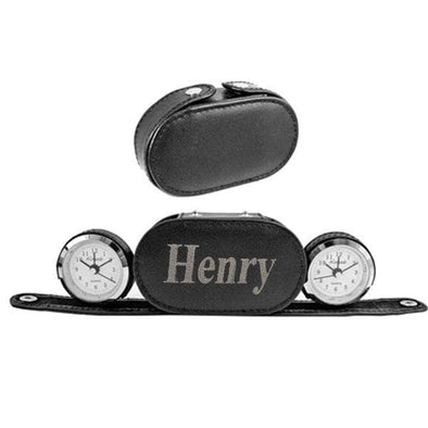 Personalized Dual Time Travel Alarm Clock – Folding Faux Leather Case, Analog Quartz Movement