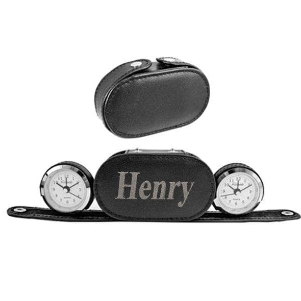 Personalized Dual Time Travel Alarm Clock – Folding Faux Leather Case, Analog Quartz Movement