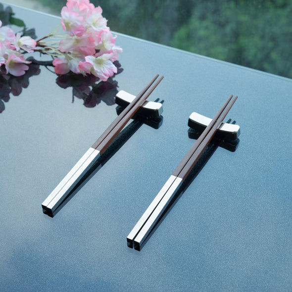 Luxury Silver & Teak Wood Chopsticks Set – 2 Pairs w/ Matching Silver Rests, Gift Packaged, Reusable, Elegant Dining Gift Set