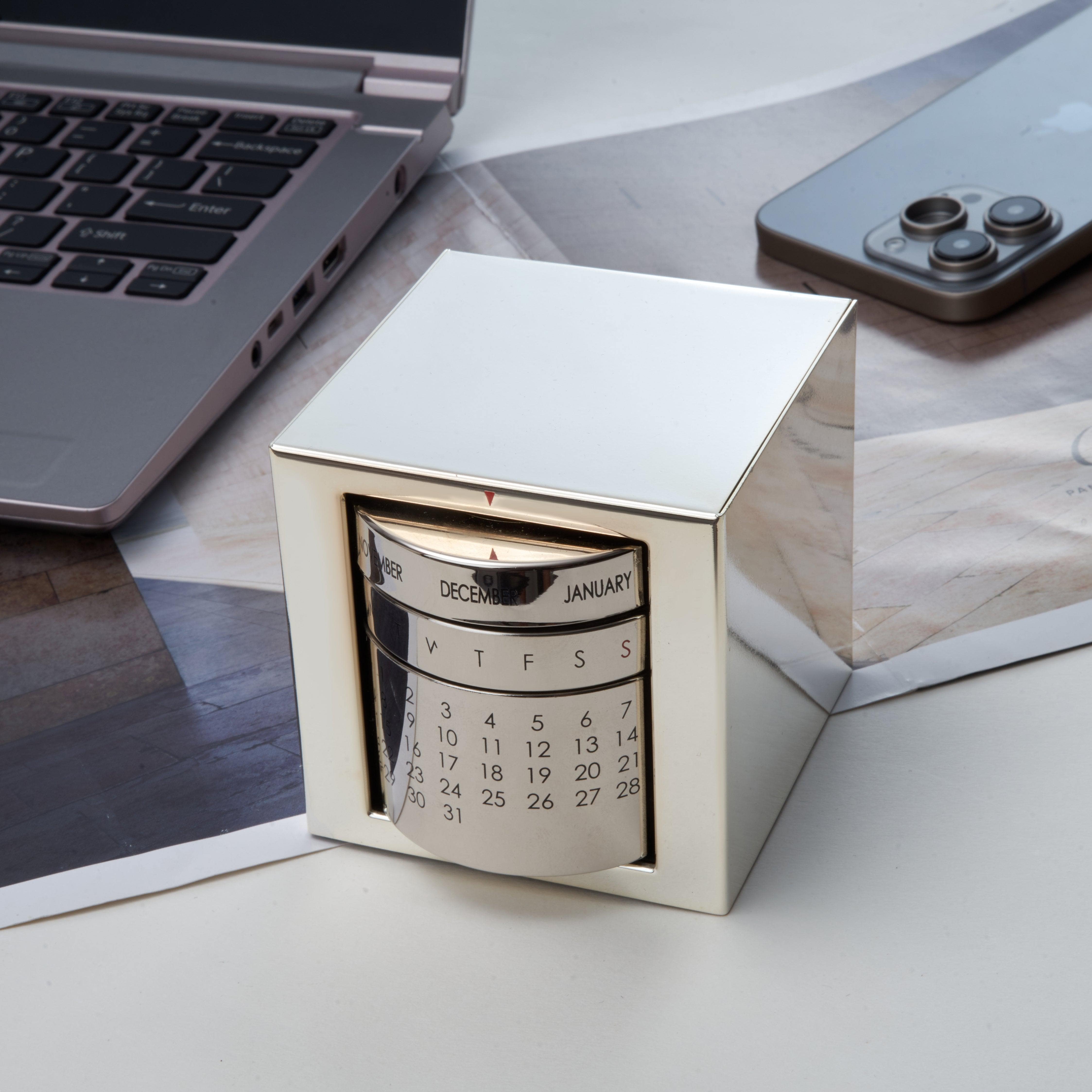 Executive Perpetual Calendar Cube | Metal Desk Organizer & Calendar |