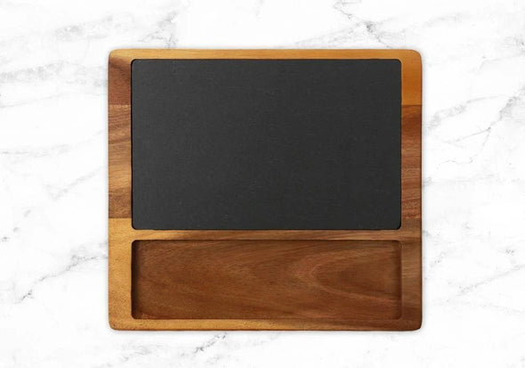 Personalized Family Gathering Charcuterie Cheese Slate Board w/ Acacia Wood Base | Custom Cheese Board