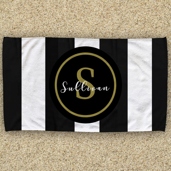 Elegant Stripes Gold Monogram Name Beach Towel