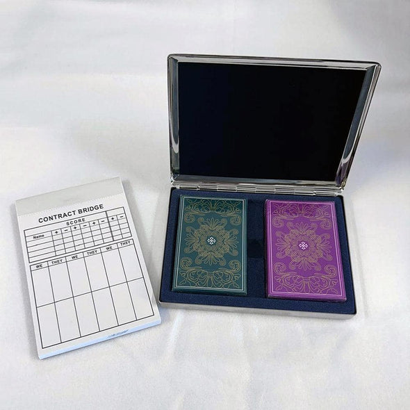 Personalized Bridge Cards, 2 Decks with Score Pad in Silver Case -