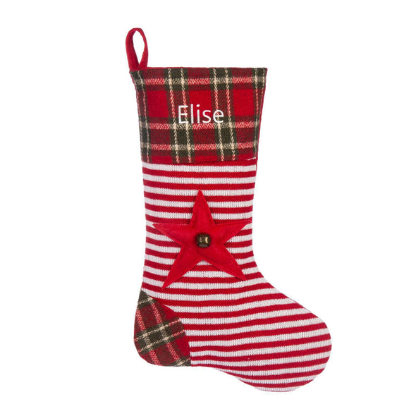 Personalized Christmas Stocking with Plaid and Stripes – Custom Holiday Stocking with Tree Accent