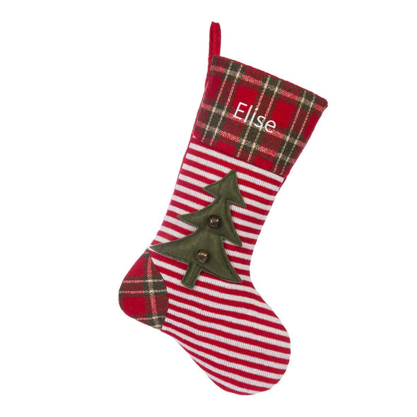 Personalized Christmas Stocking with Plaid and Stripes – Custom Holiday Stocking with Tree Accent