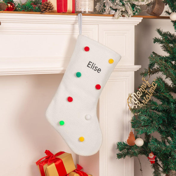 Personalized Polka-Dot Christmas Stocking – Custom Holiday Stocking with Colorful Pom Poms