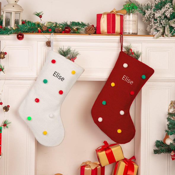 Personalized Polka-Dot Christmas Stocking – Custom Holiday Stocking with Colorful Pom Poms