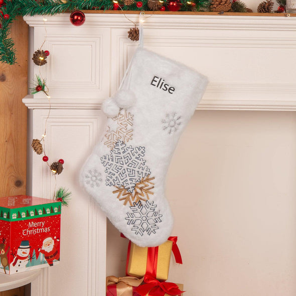 Christmas stPersonalized Winter Wonderland Christmas Stocking – Custom Faux Fur Holiday Stocking with Snowflake Designckings