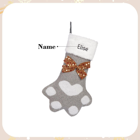 Personalized Paw Print Christmas Stocking – Custom Pet Stocking with Bow Accent