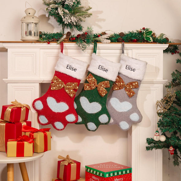 Personalized Paw Print Christmas Stocking – Custom Pet Stocking with Bow Accent