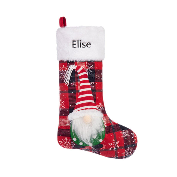 Personalized Gnome Christmas Stocking – Custom Holiday Stocking with Plaid Design