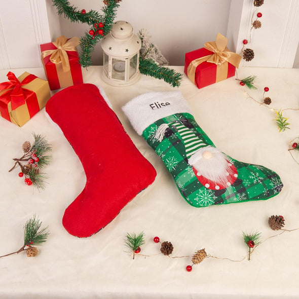 Personalized Gnome Christmas Stocking – Custom Holiday Stocking with Plaid Design