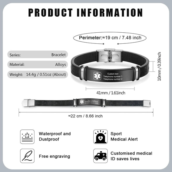 Custom Men's Medical Alert Bracelet – Engraved ID Wristband for Allergy, Diabetes, ICE Info – Personalized Emergency Jewelry