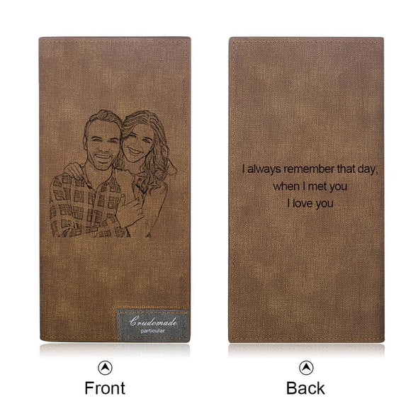 Custom Brown PU Leather Wallet with Engraved Photo, Personalized Long Wallet