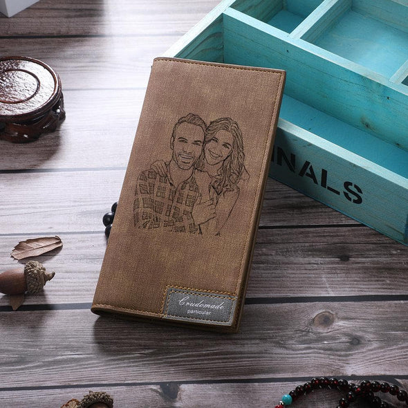 Custom Brown PU Leather Wallet with Engraved Photo, Personalized Long Wallet