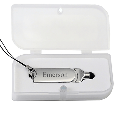 Personalized 8GB Metal USB Flash Drive with Stylus – Polished Silver, Includes Case & Carabiner