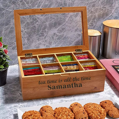 Personalized Adjustable Premium 8 Slot Bamboo Tea Box (Sugar, Jewelry, Storage, Organizer etc.)