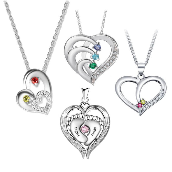 Personalized Engraving Name 925 Sterling Silver Heart Necklace with Birthstone.