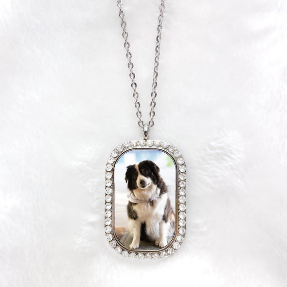 Personalized custom made photo Dog Tag necklace with sparkling crystals and a photo of your choice