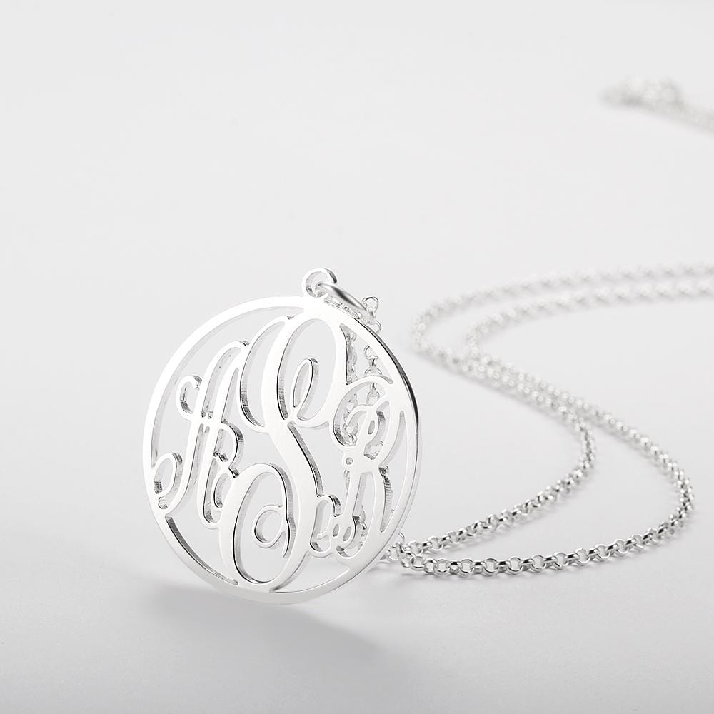Engraved Initial Circle Monogram Pendant Necklace in Sterling Silver