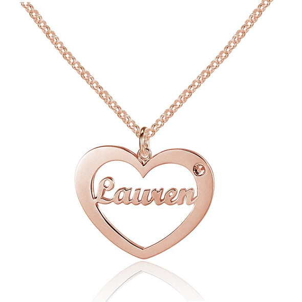 Personalized Silver, Yellow Gold and Rose Gold Heart Name Necklace w/Birthstone.