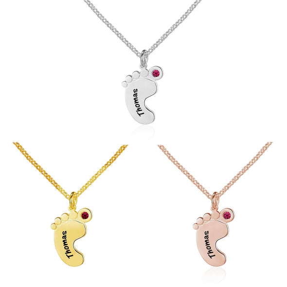 Personalized Silver, Yellow Gold and Rose Gold Feet Name Necklace w/Birthstone.