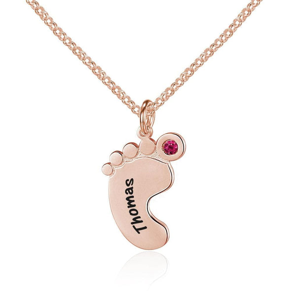 Personalized Silver, Yellow Gold and Rose Gold Feet Name Necklace w/Birthstone.