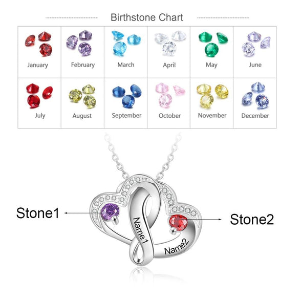 Personalized Engraving Name 925 Sterling Silver Heart Necklace with Birthstone.