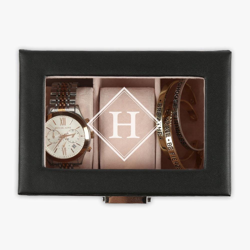 Exclusive Sale | Personalized 3-slot Small Black Leather Watch Case - STYLE1