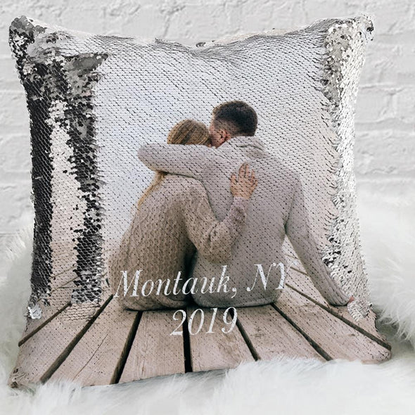 Custom Magic Sequin Pillow Case of Your Family Photo | Personalized Reversible Mermaid Flip Sequin Throw.