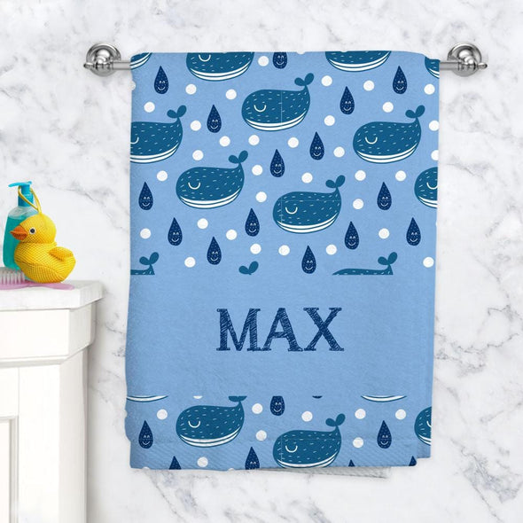 Blue Whales Personalized Towel for Kids | Custom Name Towel for Beach or Bath