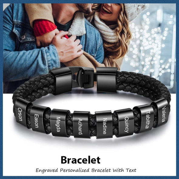 Personalized Stainless Steal Leather Bracelet with Laser Engraved Names