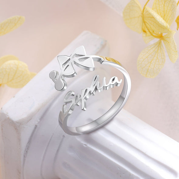 Personalized Adjustable Name Ring with a choice of your Birth flower