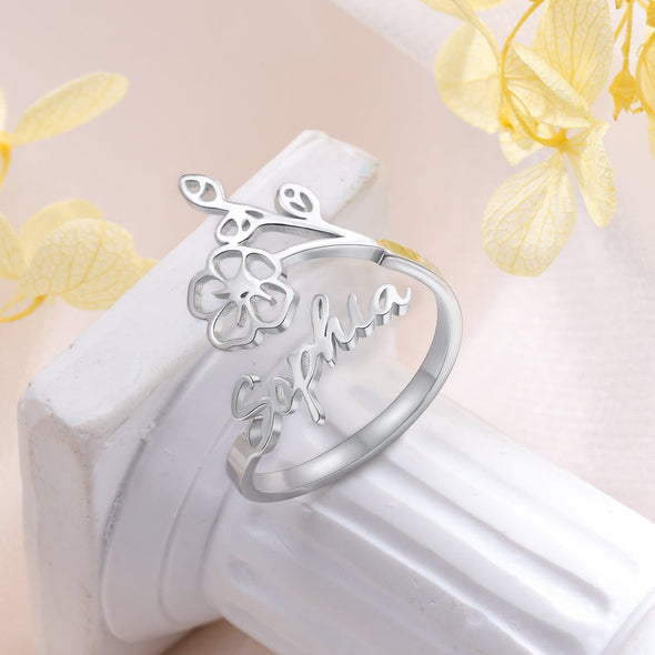 Personalized Adjustable Name Ring with a choice of your Birth flower