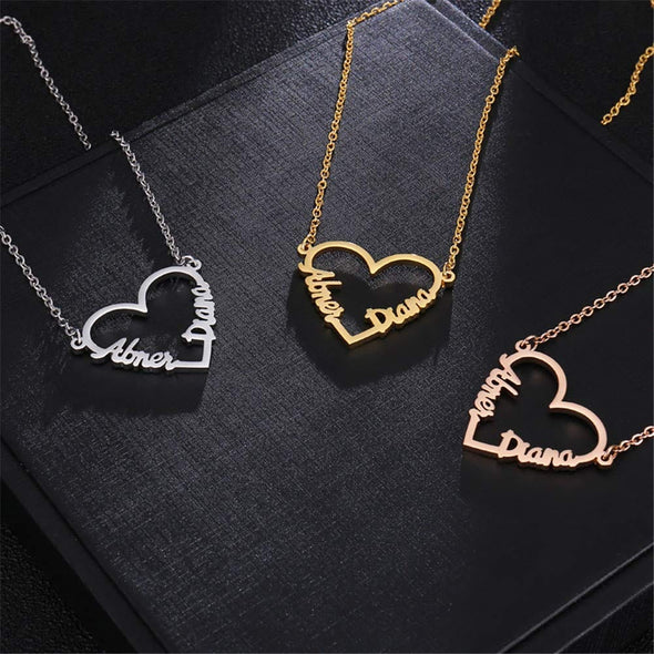 .925 Sterling Silver Personalized Heart with Double Name Necklace