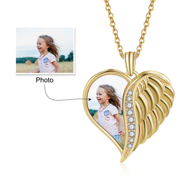 Custom Photo Custom Angel Wing Heart Photo Pendant, Gold-Plated Personalized Necklace for Cherished Memories