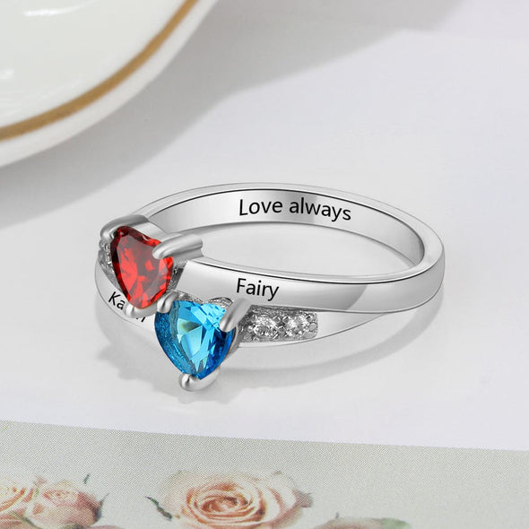 .925 Sterling Silver Heart Birthstone Ring with Personalized Names