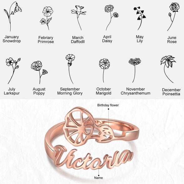 Personalized Adjustable Name Ring with a choice of your Birth flower