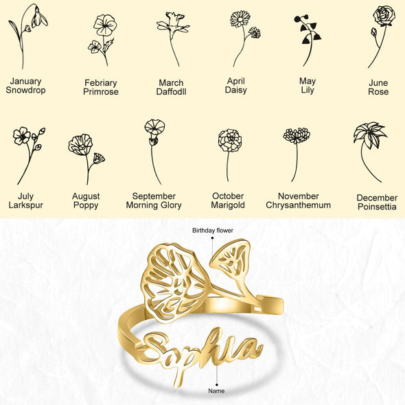 Personalized Adjustable Name Ring with a choice of your Birth flower