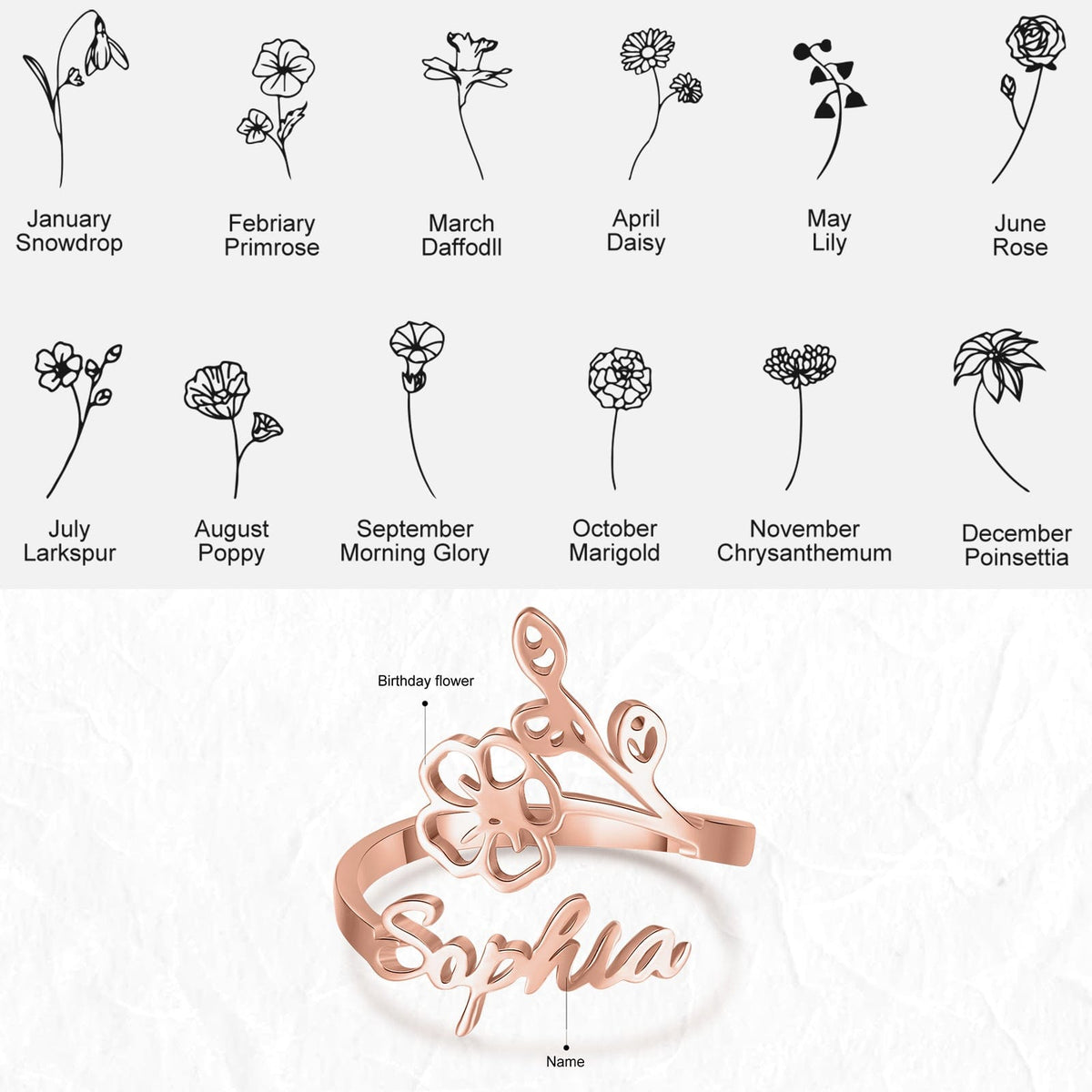 Personalized Adjustable Name Ring with a choice of your Birth flower
