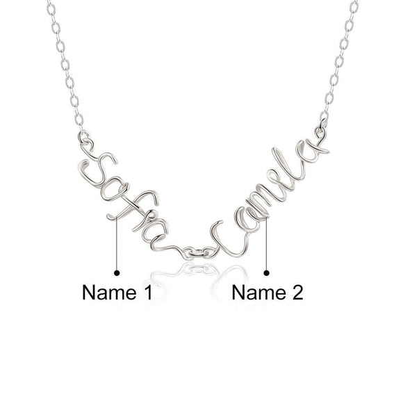 .925 Sterling Silver Double Names Necklace in a wire font with 14K White Gold Plating