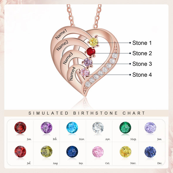 Personalized Heart .925 Sterling Silver Necklace with Names and Birthstones