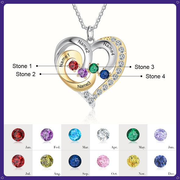 .925 Sterling Silver Necklace with 1-5 names and Birthstones