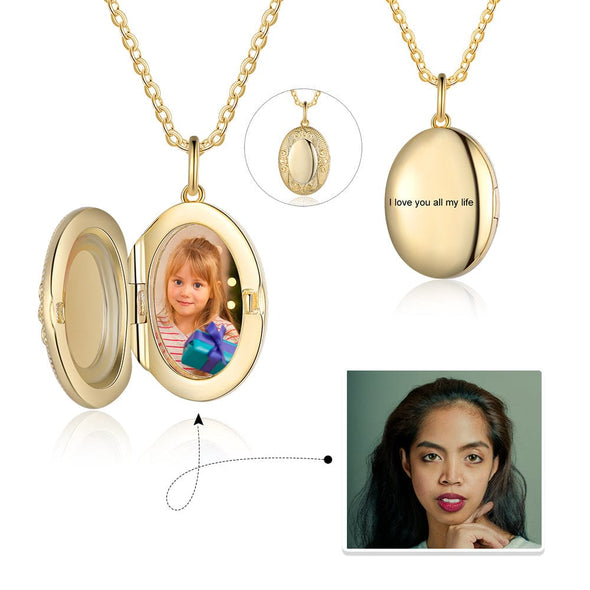 Engraved Sterling Silver Locket with Custom Photo, Elegant Oval Pendant Necklace for Loved Ones