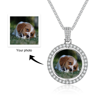 Custom Round Photo Pendant Necklace, Stainless Steel with CZ Crystals, Personalized Keepsake