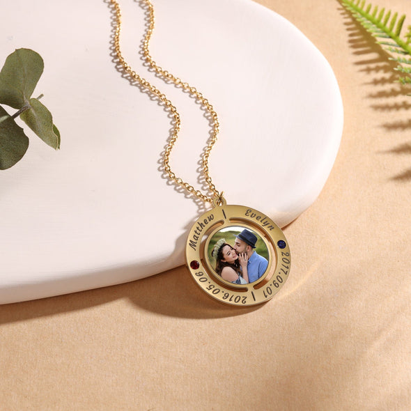 Personalized Photo Necklace with Names, Birthstone and Dates Laser Engraved